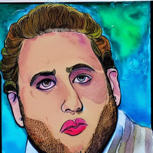 Prompt: jonah hill, stylized. Watercolor and ink. 1970s.