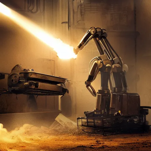 Prompt: toaster oven terminator robot, dark messy smoke - filled cluttered workshop, dark, dramatic lighting, orange tint, sparks, cinematic, highly detailed, sci - fi, futuristic, movie still