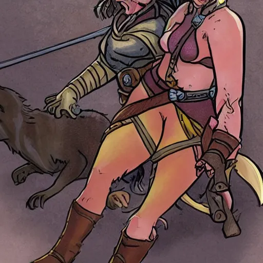 Image similar to D&D art of a female halfling rogue with hairy feet, riding on top of a panther through waterdeep, sunny afternoon, in the style of Storm comics