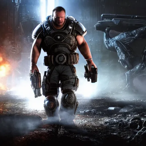 Prompt: Alex Jones in Gears of War, splash art, movie still, cinematic lighting, dramatic, octane render, long lens, shallow depth of field, bokeh, anamorphic lens flare, 8k, hyper detailed, 35mm film grain