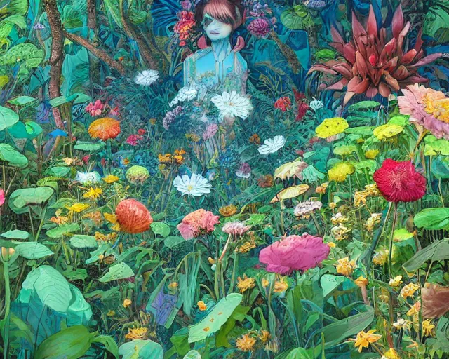 Prompt: a painting of a flower patch in a jungle, a photorealistic painting by james jean, behance contest winner, fantasy art, made of flowers, concept art, 2 d game art by victo ngai, geof darrow, peter mohrbacher, johfra bosschart, miho hirano