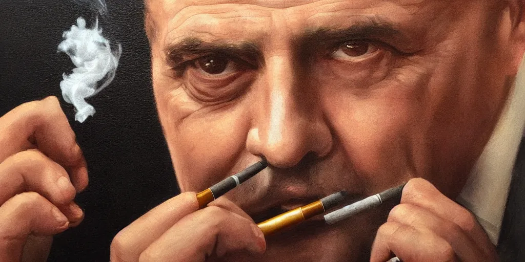 Prompt: beautiful oil matte portrait painting, mafia boss smoking at his 5 0 s new york office desk, wonderful masterpiece highly detailed, beautiful cinematic light deep focus, elegant, digital painting, smooth, sharp focus, golden ratio, dramatic illumination, ultra realistic, 8 k, art by jimmy law