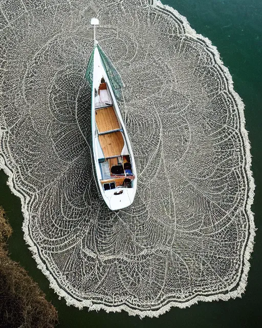 Prompt: the wake of a boat, made of intricate decorative lace leaf skeleton, shot from a drone, in the style of the dutch masters and gregory crewdson, dark and moody