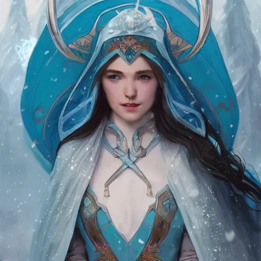 Prompt: a mid - shot portrait of a snow elf in a turquoise cape and silver armor with a bow, pale skin, winter vibes, intricate, elegant, art by artgerm and greg rutkowski and alphonse mucha, concept art, sharp focus, octane render, cgsociety