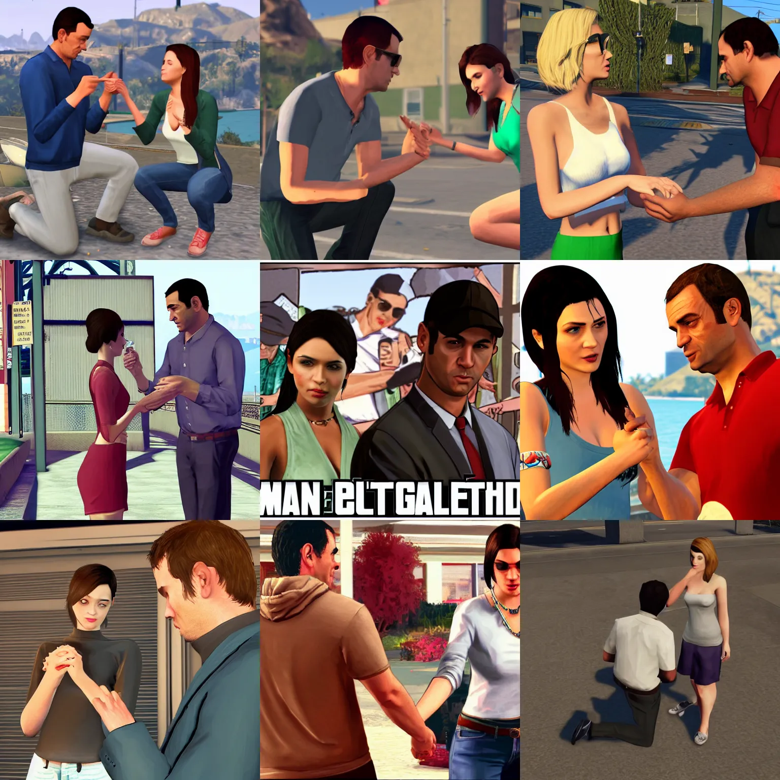 Prompt: Man proposing his girlfriend, ultra quality, high graphical fidelity, GTA V characters