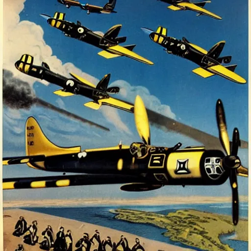 Prompt: yellow and black painted b 2 9 bomber dropping bombs, ww 2 propaganda poster, highly detailed, no text