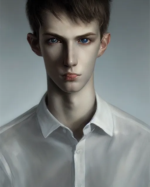 Prompt: portrait of 1 5 - year - old boy, a tall, slender boy with a pale, pointed face, white - blond hair, cold grey eyes, wearing in shirt hyper realistic face, beautiful eyes, fantasy art, in the style of greg rutkowski, intricate, hyper detailed, smooth