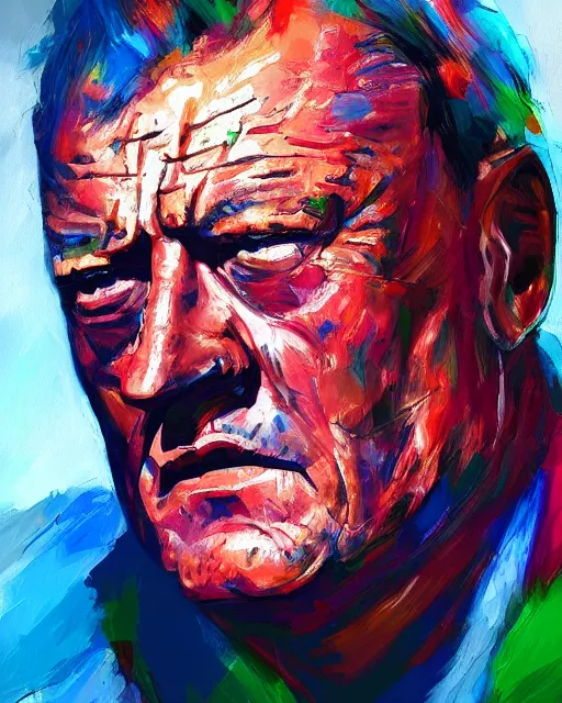 Image similar to a head and shoulder portrait of John Wayne painted in the colorful and expressive style of Kotwdq, trending on Artstation 8k photorealistic