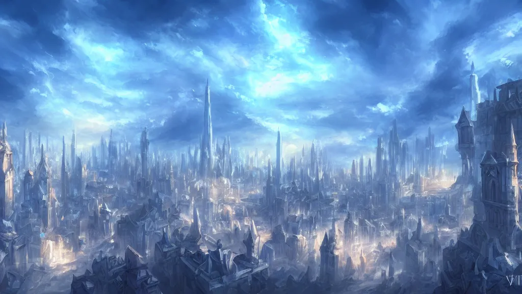 Prompt: city of mages. white buildings, towers. blue sky, lighting. fantasy, digital painting, hd, detailed.