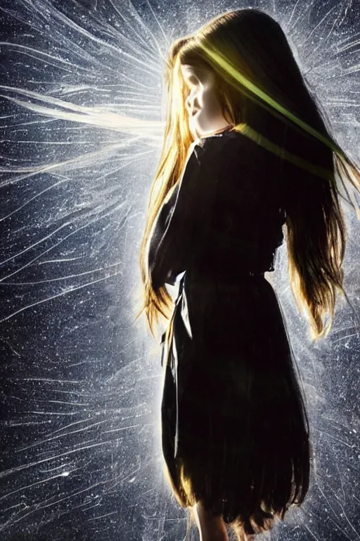 Image similar to a young girl with long black hair and chequered!! robe!! is watching a storm inside a symmetrical fantasy crystal. atmospheric, 4 k, highly detailed. surrounded by golden rays of light