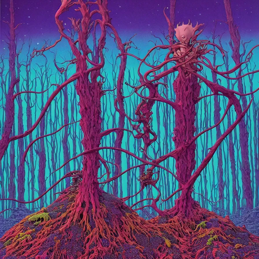 Prompt: ( ( ( strange forest on an unknown planet ) ) ) by mœbius!!!!!!!!!!!!!!!!!!!!!!!!!!!, overdetailed art, colorful, record jacket, warm tones, bioluminescent