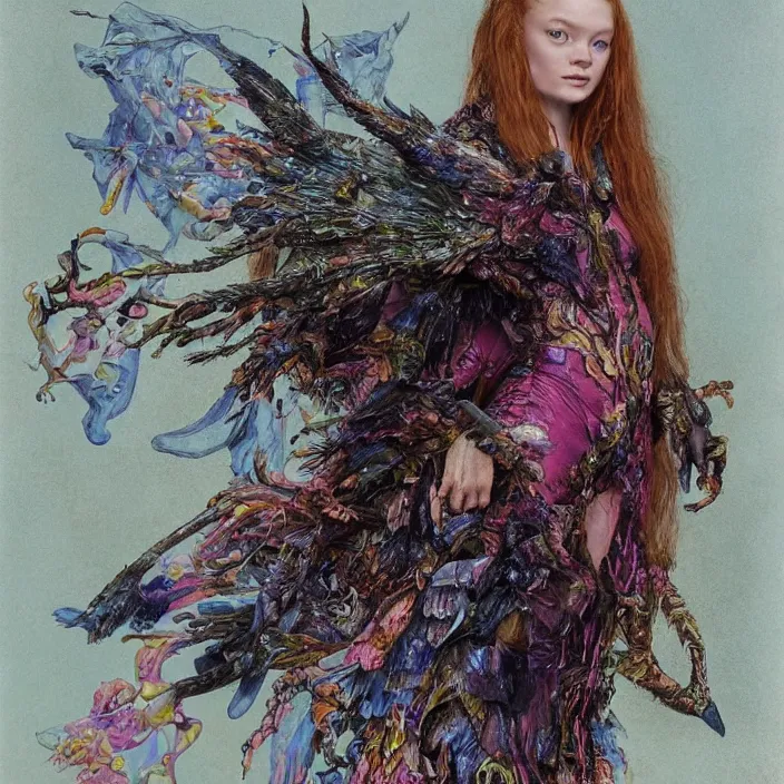 Prompt: a fashion editorial of sadie sink with hooves as a brightly colored eagle amphibian hybrid super hero witch with wet translucent mutated scaled skin. wearing a infected organic dress. by tom bagshaw, donato giancola, hans holbein, walton ford, gaston bussiere, peter mohrbacher, brian froud and iris van herpen. 8 k, cgsociety