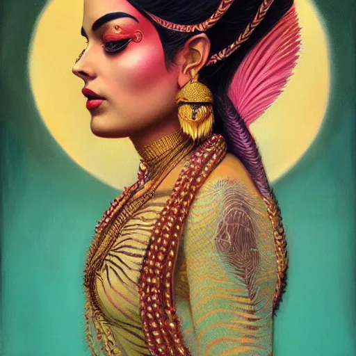 Prompt: side portrait of a beautiful Indian queen of tigers, pink and gold, by Anato Finnstark, Tom Bagshaw, Brom