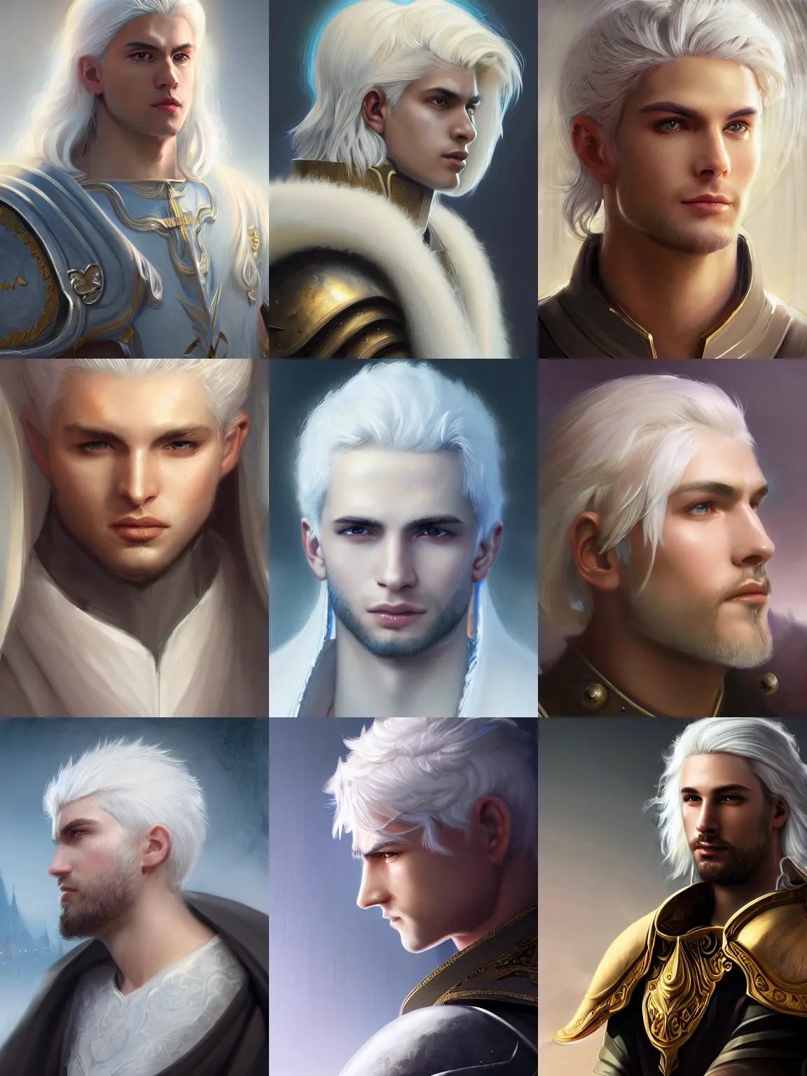Prompt: closeup portrait of a young beautiful calm and pious male aasimar paladin with white hair a halo above his head wearing white vestments under armor, by Raymond Swanland Greg Rutkowski Lise Deharm, intricate, masterpiece, sharp, digital art, full head, ArtStation, CGStation, 8k