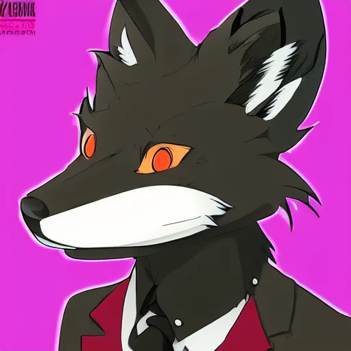 Prompt: key anime visual professional art of a close shot of an anthropomorphic black male fox anthro fursona, wearing a pomegrante colored business suit, handsome male eyes, anime office interior, official anime still