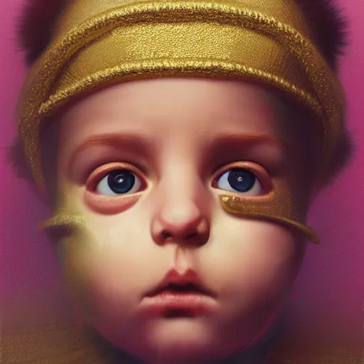 Image similar to Lofi vaporwave portrait baby cherub angel, ski mask, balaclava, face covered, Gucci, Nike, Chanel, multiple gold chains, Pixar style, Tristan Eaton, Stanley Artgerm, Tom Bagshaw