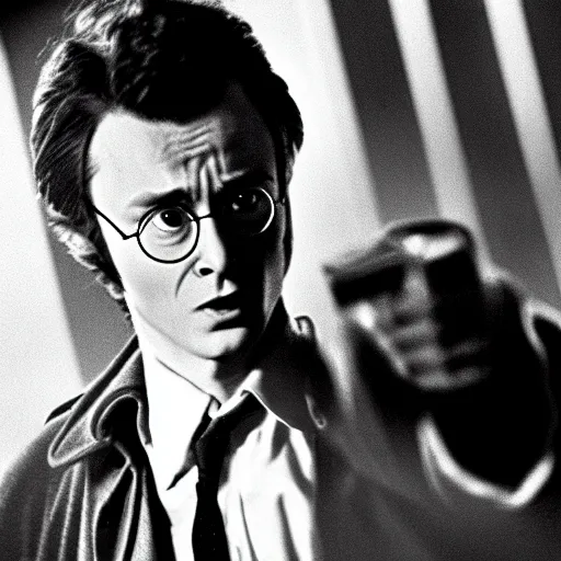 Image similar to Dirty Harry Potter, 1970s crime drama cinematic movie photo, desaturated Arri Alexa 65, DSLR, dof, by Bill Gekas and Bruno Walpoth and Antoine Verney-Carron