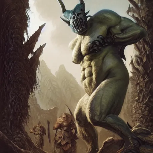 Image similar to head and shoulders ( ( ( vogue fashion photo portrait ) ) ) of an ogre barbarian, d & d, fantasy, greg rutkowski, frank frazetta, alexandre chaudret, boris vallejo, michael whelan, miro petrov, hr giger, magali villeneuve, donato giancola