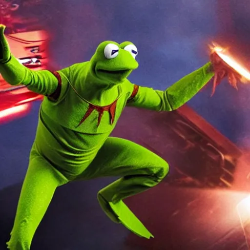 Prompt: photo of Kermit the frog as iron man in averngers movie