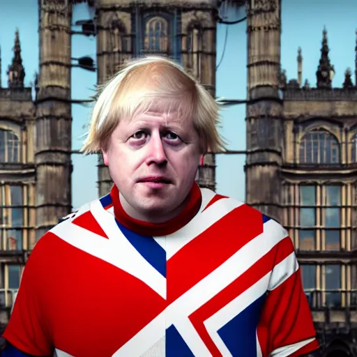 Image similar to Boris Johnson with Queen of Englands body, realistic artstyle, wide shot, dramatic lighting, octane render, hyperrealistic, high quality, highly detailed, HD, beautiful, cinematic, 8k, unreal engine, facial accuracy, symmetrical