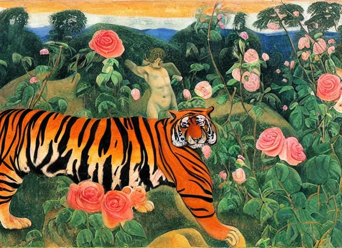 Prompt: An surreal oil painting of a two tigers next to an ancient temple, background of roses, by William Zorach, symbolist, small bumble bees, soft colors, dramatic lighting, smooth, sharp focus, extremely detailed, aesthetically pleasing composition
