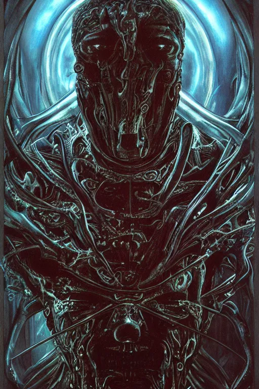 Prompt: portrait of keanu reeves, hyperdetailed, nightmare, abomination, ultrarealistic, cyberpunk, dramatic, symmetrical, by h. r. giger and zdislaw beksinski and artgerm, science fiction, alien, religious art, mandelbrot fractal, trending on deviantart