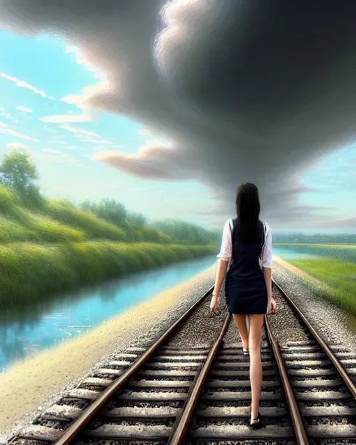 Image similar to shallow reflective water completely covers submerged train tracks as a girl walks along carrying her shoes, there is a train station in the distance and large white clouds on a wide horizon, intricate, elegant, highly detailed, digital photo, artstation, concept art, smooth, sharp focus, illustration, art by artgerm and greg rutkowski and fra angelico