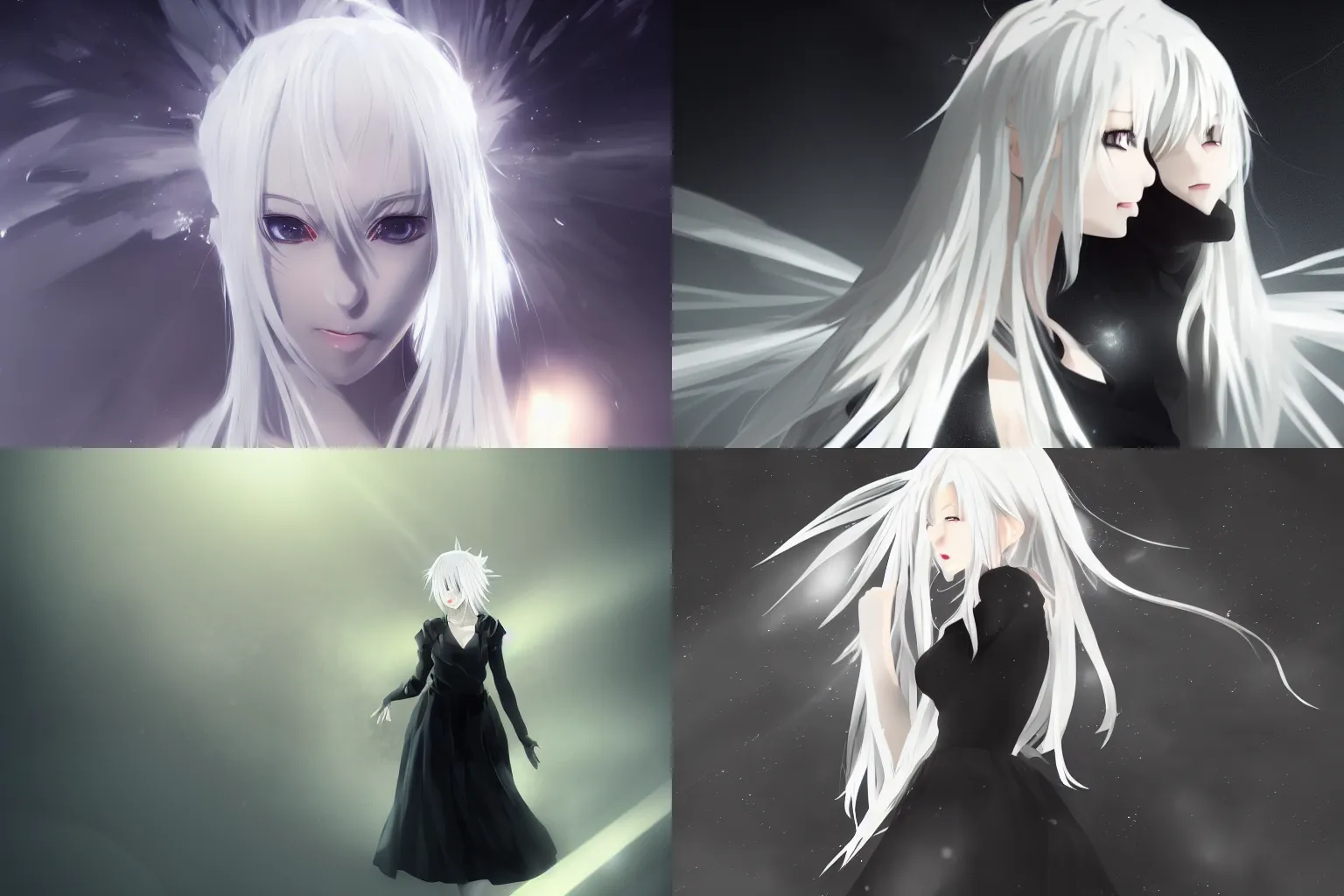 Prompt: white-haired anime attractive anime girl wearing a black dress in a dark room, angelic, shafts of light, atmospheric, photoreal, artstation, WLOP
