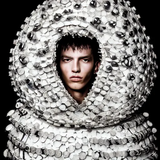 Image similar to a portrait of a beautiful young male wearing an alexander mcqueen armor made of virus , photographed by andrew thomas huang, artistic