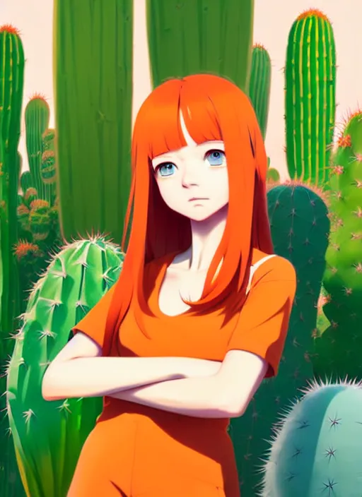 Image similar to portrait of cute redhead girl in orange jumpsuit with fox ears by ilya kuvshinov, holding a cactus, cloudy sky background lush landscape illustration concept art anime key visual trending pixiv fanbox by wlop and greg rutkowski and makoto shinkai and studio ghibli