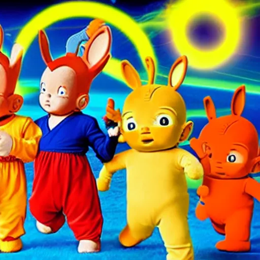 Prompt: goku playing with the teletubbies