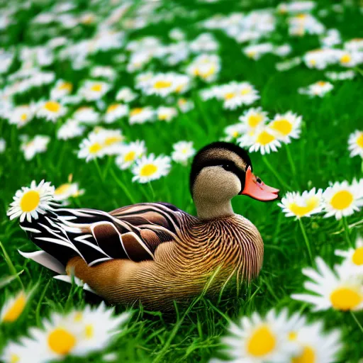 Prompt: a duck in a field of daisies on a bright sunny day, duck surrounded by daisies, with clouds in the sky, lots of little daisies in the field, spring, nature, beautiful, disney pixar style, super resolution, extremely detailed, 4k