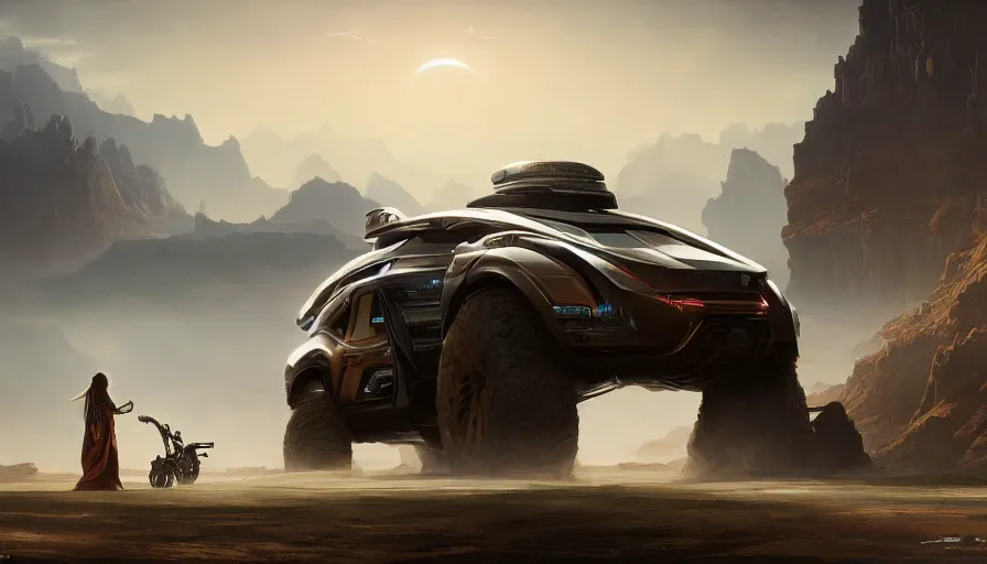 Image similar to a futuristic offroad suv designed by apple driving through socotra island, artgerm and greg rutkowski and alphonse mucha, an epic fantasy, volumetric light, detailed, establishing shot, an epic fantasy, trending on art station, octane render, midsommar