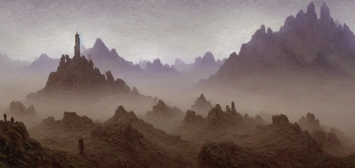 Image similar to A Spiritual landscape by the ancient masters, the sky is dark, the world is covered with fog, and two figures can be seen standing in the midst of it. The background is completely covered with an endless series of mountains and towers, with only their tops standing out from the fog by Simon Stålenhag and Claude Monet.