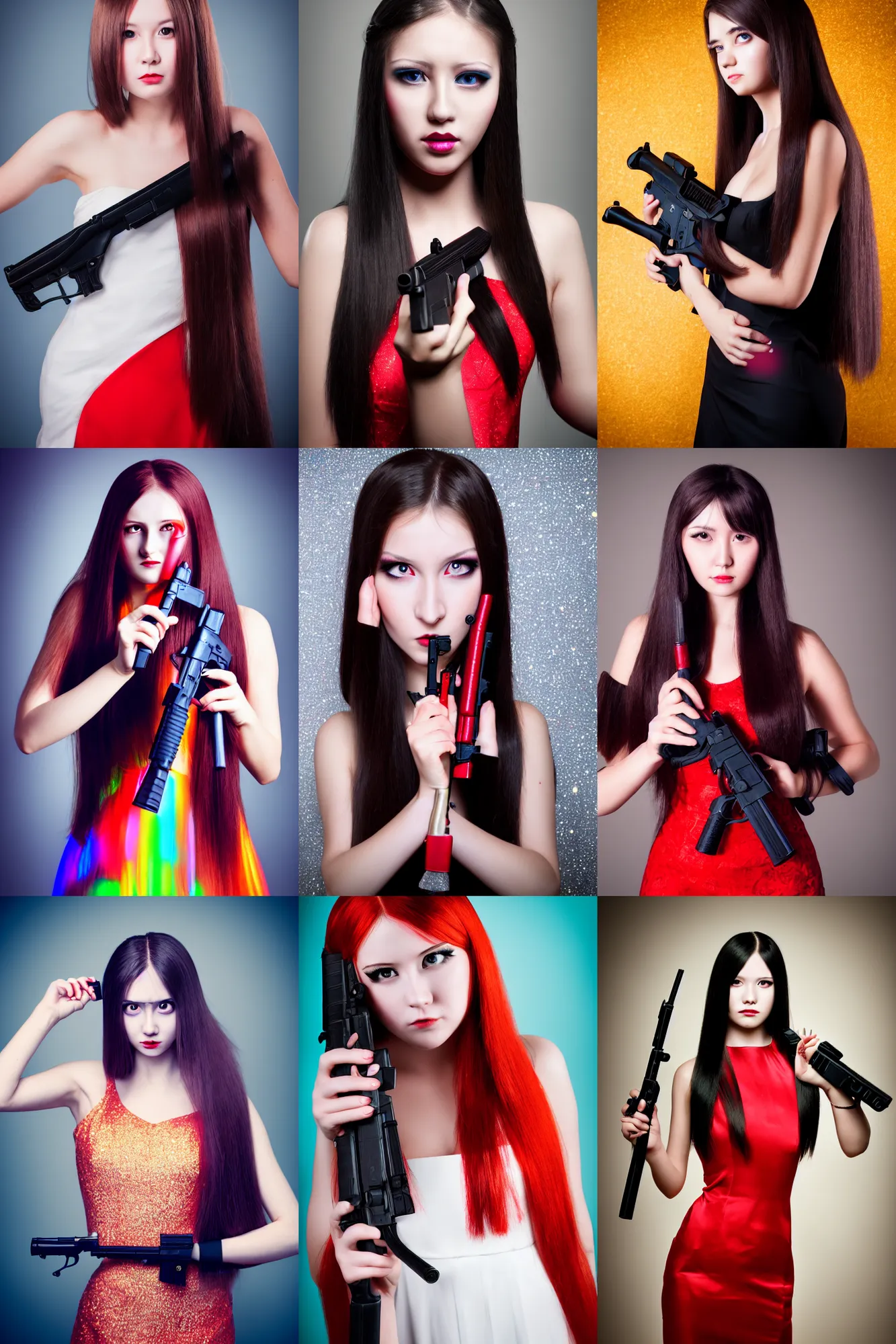 Prompt: portrait girl in elegant dress holding a gun, long straight hair, colourful, pretty face, cute face, intimidating expression, glowing red eyes, studio lights, 8 k, photography