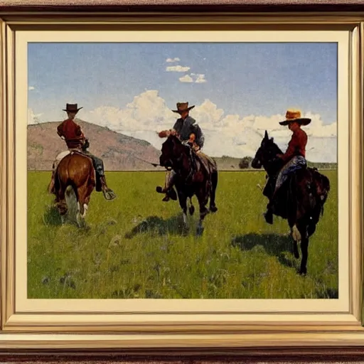 Prompt: a western plains landscape with 4 riders in the distance painted by Norman Rockwell