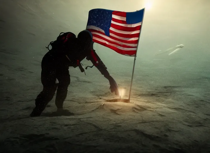 Image similar to astronaut underwater putting a flag in the sand of the bottom of the ocean. in the background, a submarine is visible. dark, concept art, cinematic, dramatic, atmospheric, 8 k, trending on artstation, low visibility, zack snyder