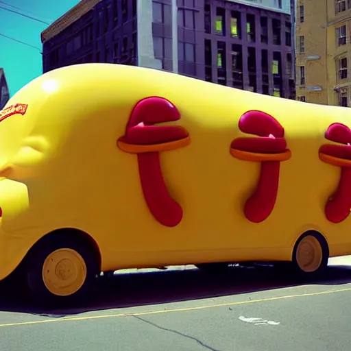 Image similar to very weird, very wrong concept of the Oscar Mayer Wienermobile on the street, photograph