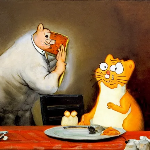 Prompt: garfield the cat devouring a steaming hot lasagna while dilbert looks on in horror, oil painting by francisco goya