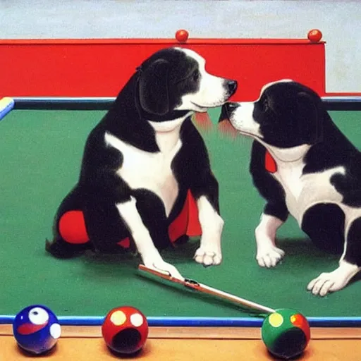 Image similar to two dogs playing billiards in the style of jack vettriano