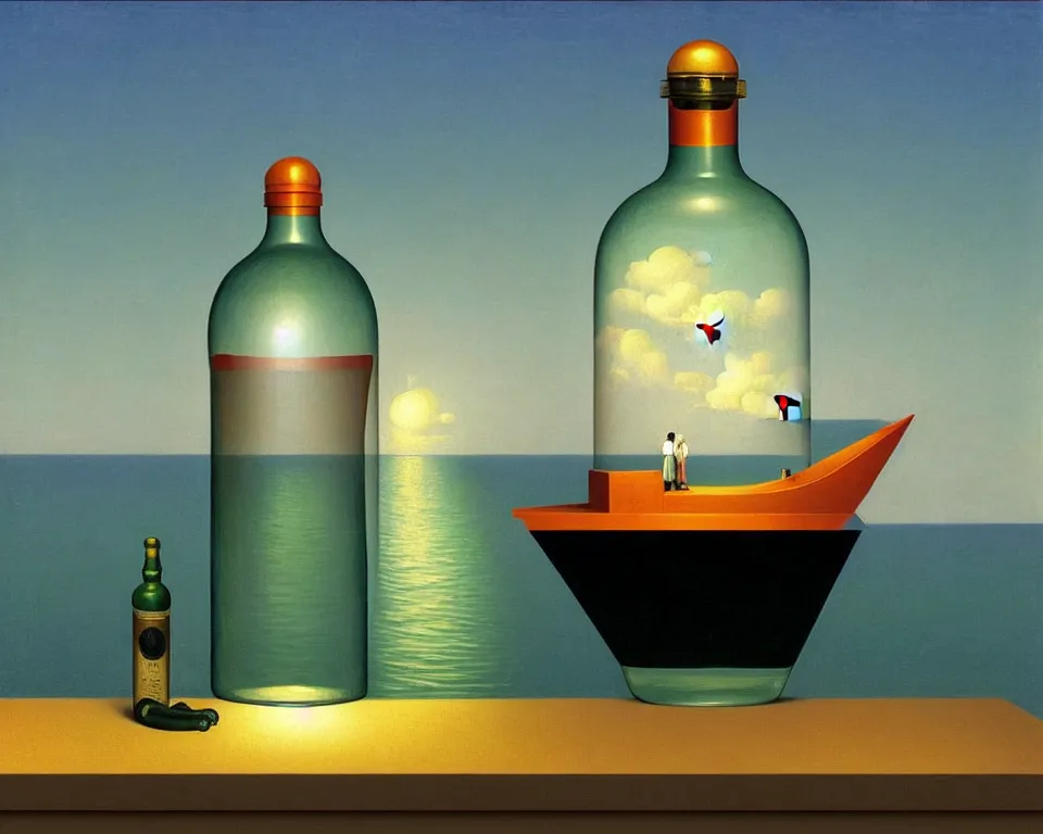 Image similar to a ship in a bottle by raphael, hopper, and rene magritte. detailed, proportional, romantic, enchanting, trending on artstation