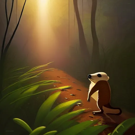 Prompt: goro fujita ilustration a beautiful meerkat walking calmly through a rain forest with the first rays of sun by goro fujita, painting by goro fujita, sharp focus, highly detailed, artstation