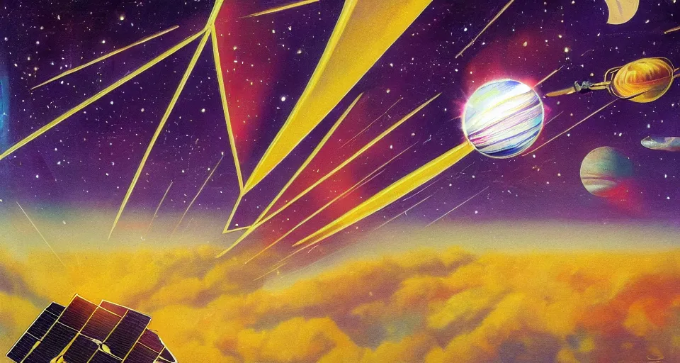 Prompt: solar sail in space, blocking the sun, seen from earth, art deco painting