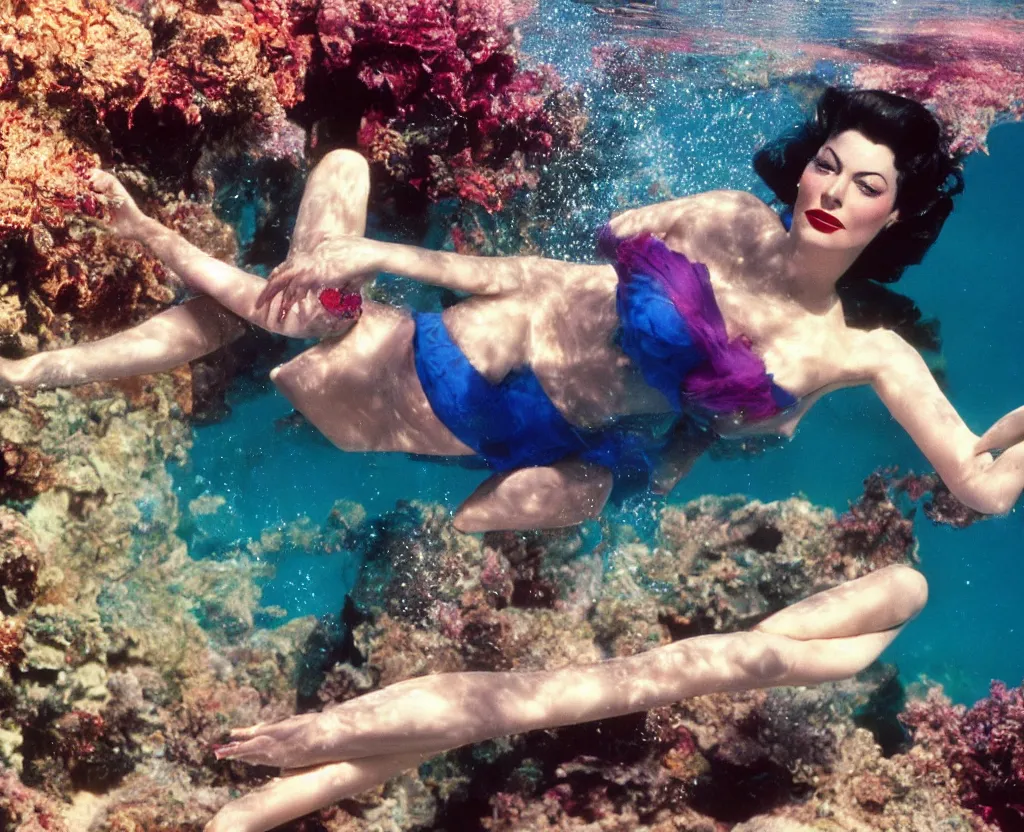 Prompt: a colorful portrait photograph of sensual ava gardner underwater, 1 9 9 0 s, taken by martin parr, saturated color photo, high definition, 8 k,