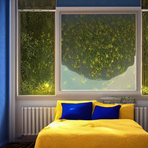 Prompt: a yellow moon shaped bed in a blue room, with plants in the windows of the room, 8 k, trending on artstation, hdr