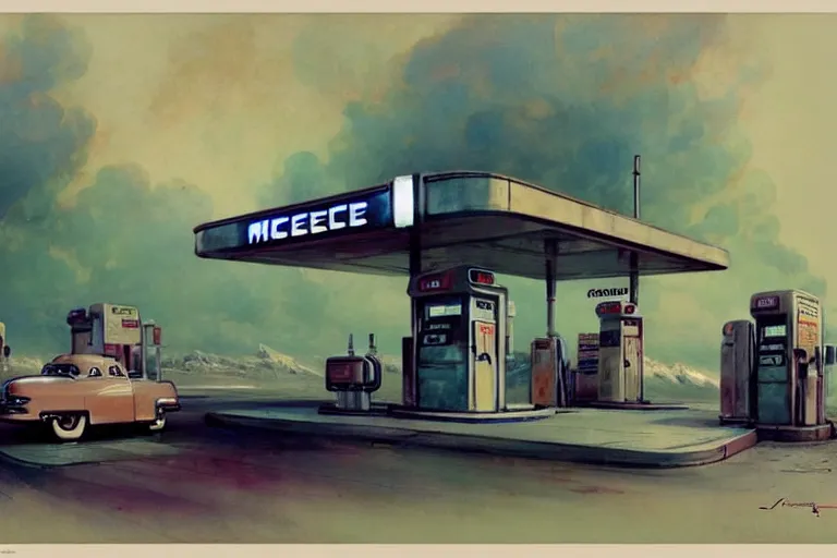 Image similar to ( ( ( ( ( 1 9 5 0 s retro science fiction gas station. muted colors. ) ) ) ) ) by jean - baptiste monge!!!!!!!!!!!!!!!!!!!!!!!!!!!!!!