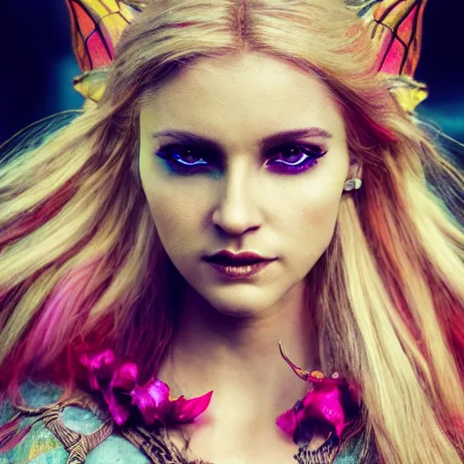 Image similar to a beautiful female human warlock portrait, focus on face, sharply focussed, brightly colored, dress, long blonde hair, fairy, fae, fantasy, medieval, still, photograph, highly detailed, trending on artstation, cinematic, dramatic