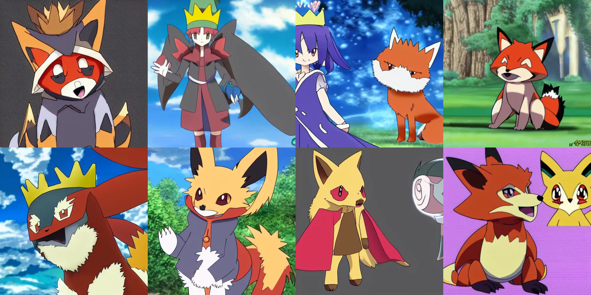 Prompt: one pokemon in anime cartoon style with features of a fox wearing a royal outfit including a crown