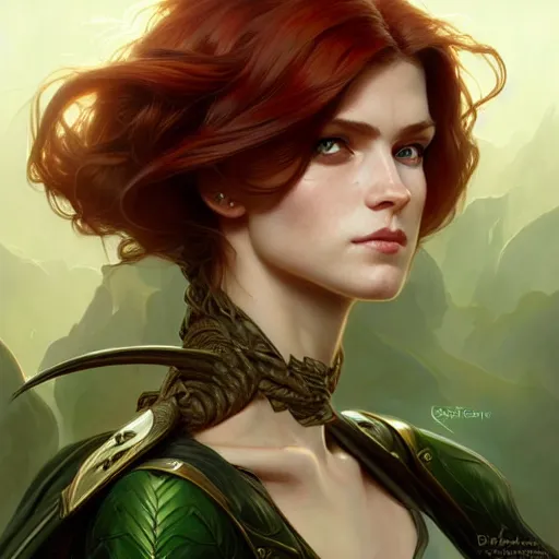 Image similar to Portrait of serious female ranger, D&D, green eyes, face, long red hair, fantasy, intricate, elegant, highly detailed, digital painting, artstation, concept art, smooth, sharp focus, illustration, art by artgerm and greg rutkowski and alphonse mucha