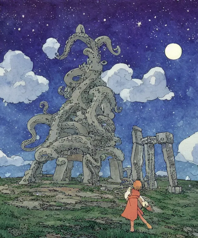 Image similar to a hyperrealist studio ghibli watercolor fantasy concept art. in the foreground is a giant grey octopus lifting and putting stones in to place on top of stonehenge with a starry sky. by rebecca guay, michael kaluta, charles vess